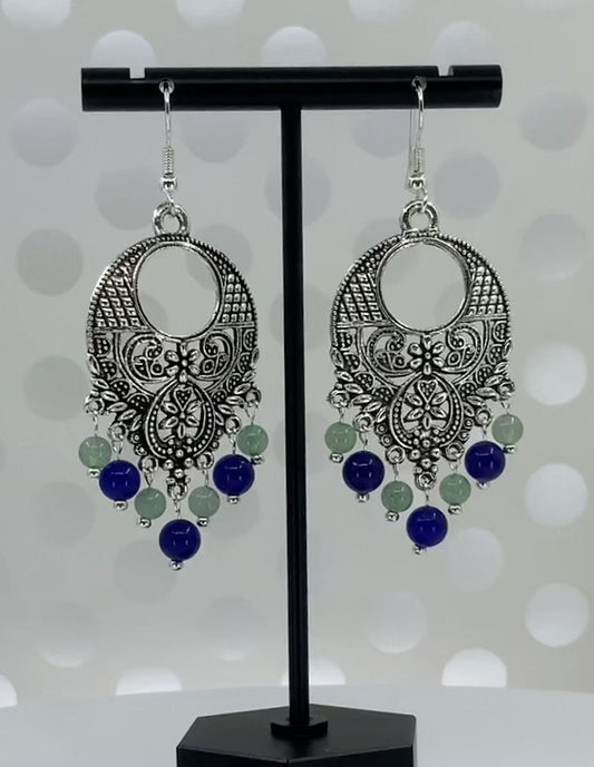 Green aventurine Silver quartz plated long gemstone Earrings Chandelier Blue