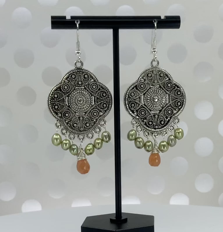 partywear  statement  long  Chandelier  gemstone  Pearl  moonstone  Orange  peach  Green  Silver  Earrings