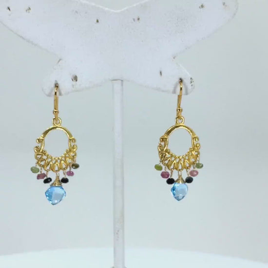 Vermeil  Tourmaline  Swiss Blue Topaz  short  multicolored  gemstone  Earrings  Chandelier  Blue