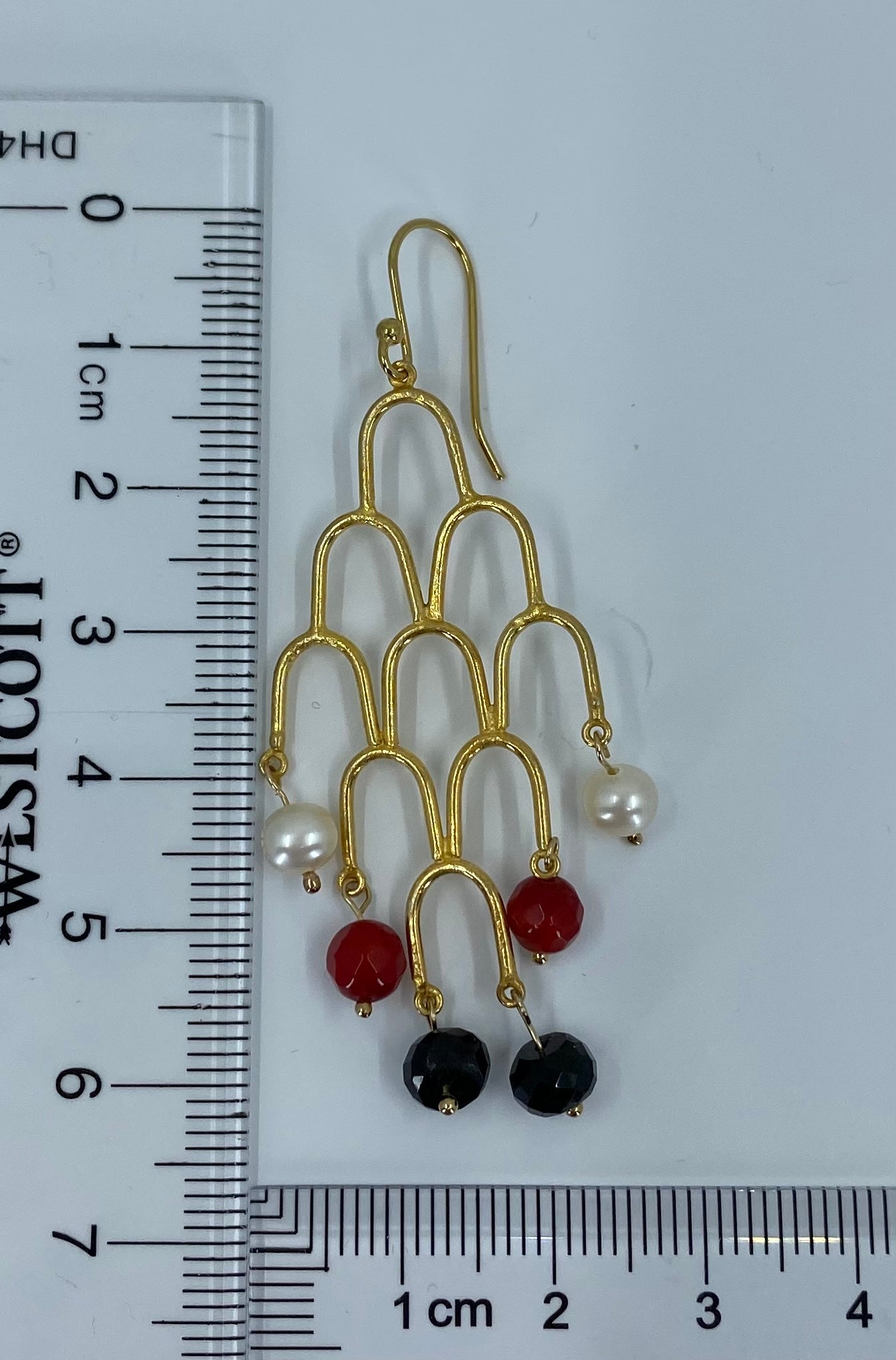 Vermeil  Red Coral White Pearl Black  Spinel Earrings