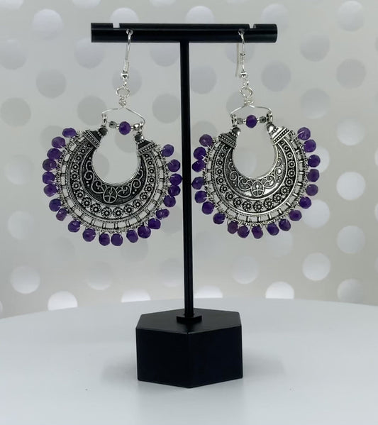 Earrings partywear long Chandelier statement plated Silver Purple Amethyst