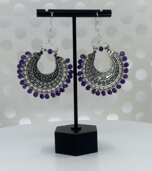 Earrings  partywear  long  Chandelier  statement  plated  Silver  Purple  Amethyst