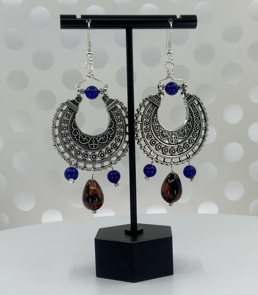 quartz  goldstone  brown  Silver  plated  long  gemstone  Earrings   Chandelier  Blue