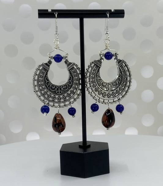 quartz goldstone brown Silver plated long gemstone Earrings Chandelier Blue