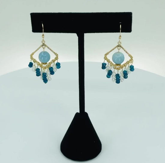 White  Skyblue  Semiprecious  Pearl  medium  Larimar  Gold Filled  Gold  gemstone  Earrings  Chandelier  Blue Apatite  Blue