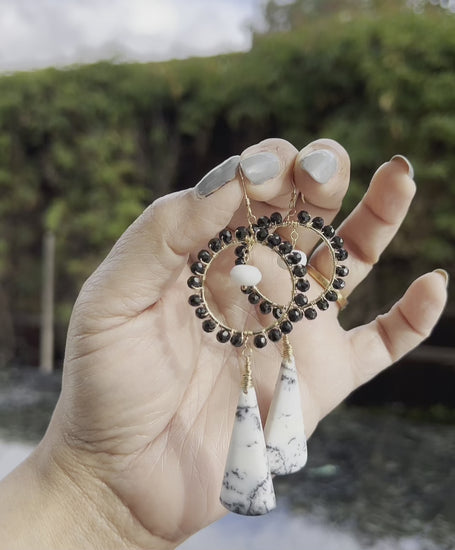 White  Black  jade  dendrite  Black Spinel  Semiprecious  long  Gold Filled  Gold  gemstone  Earrings  dangle