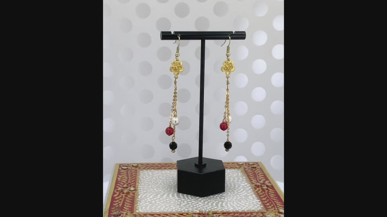 gemstone  Earrings  chic  modern  Coral  Black Spinel  Pearl  Gold