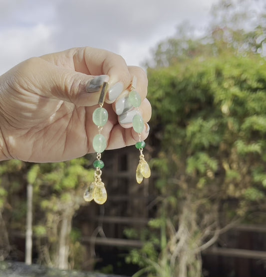 citrine long Green yellow Semiprecious quartz Gold Filled Gold gemstone Earrings dangle