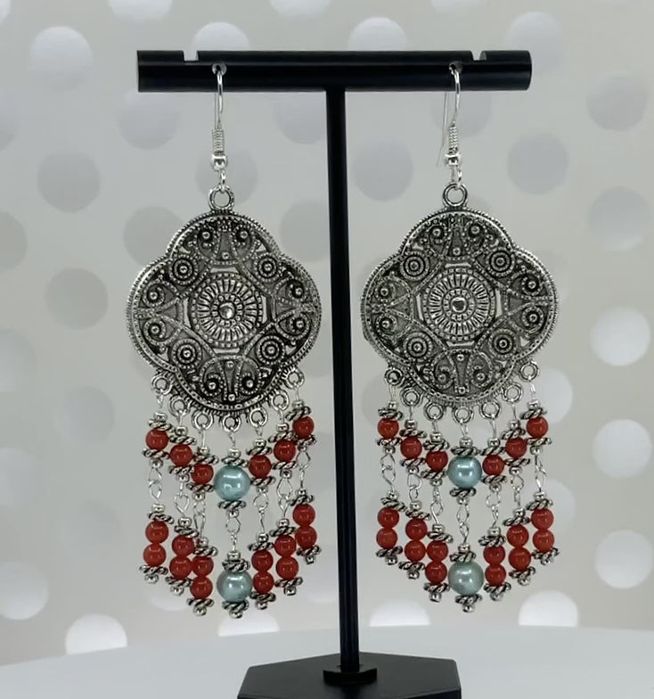 Earrings  long  Pearl  Coral  Chandelier  plated  gemstone  Silver  Blue  Red