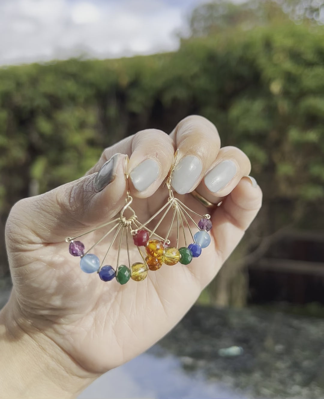 Multi-colored  multicolored  Red  Orange  yellow  Green  Blue  indigo  Purple  rainbow  medium  Semiprecious  Gold Filled  Gold  gemstone  Earrings  dangle