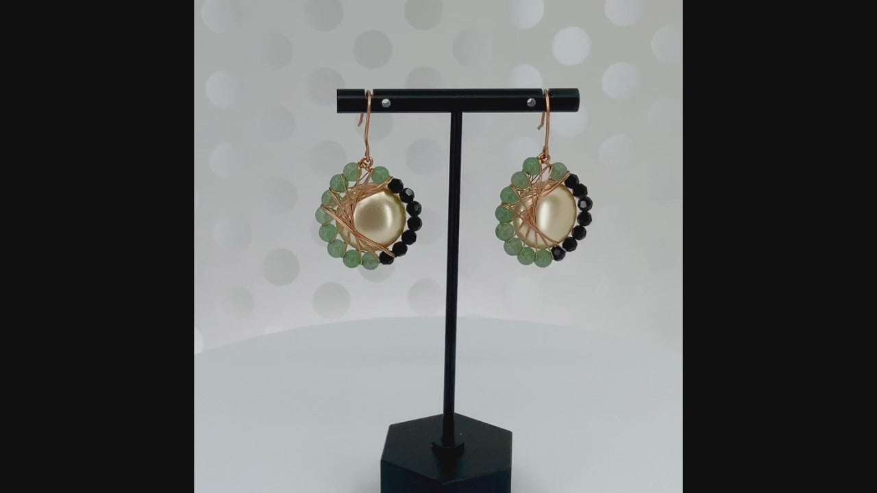 trendy  medium  Green  glass  gemstone  fashion  Earrings  dangle  cream  copper  Black Spinel  Black  aventurine