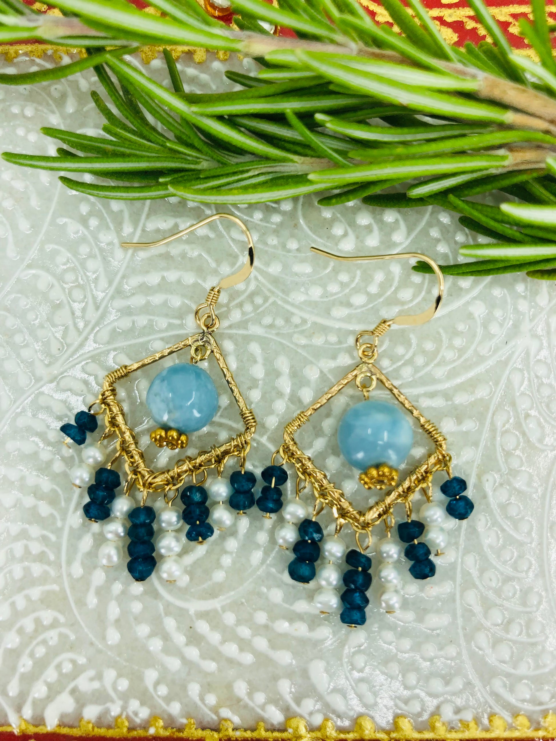 White  Skyblue  Semiprecious  Pearl  medium  Larimar  Gold Filled  Gold  gemstone  Earrings  Chandelier  Blue Apatite  Blue