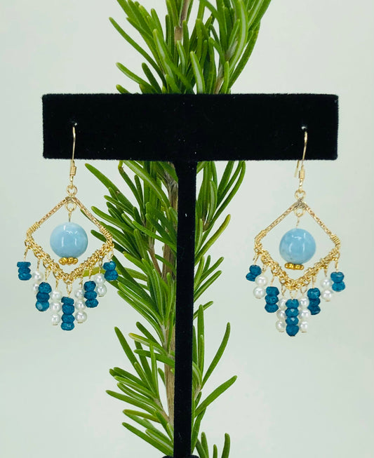 White  Skyblue  Semiprecious  Pearl  medium  Larimar  Gold Filled  Gold  gemstone  Earrings  Chandelier  Blue Apatite  Blue