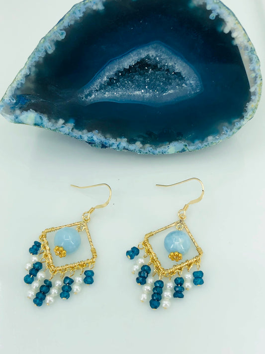 White Skyblue Semiprecious Pearl medium Larimar Gold Filled Gold gemstone Earrings Chandelier Blue Apatite Blue