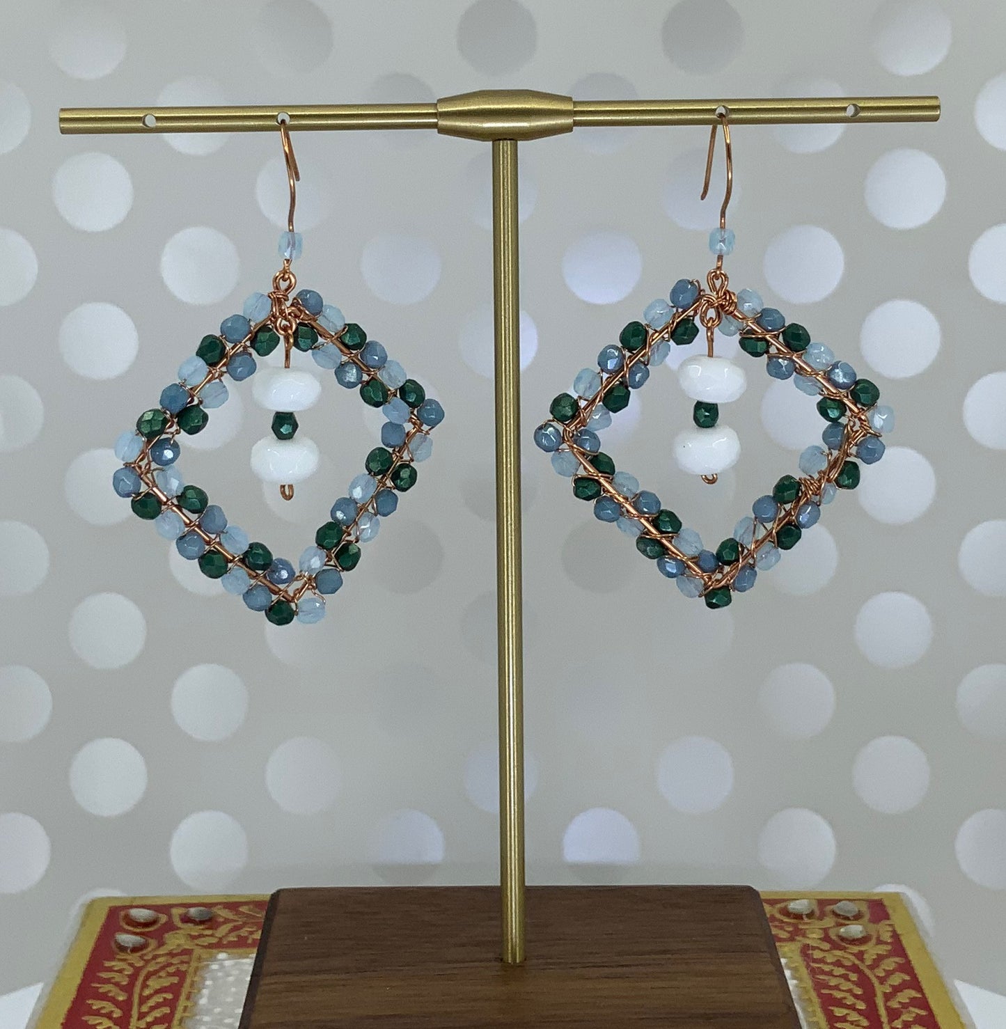 Green  long  Chandelier  copper  chalcedony  Blue  White  gemstone  Earrings