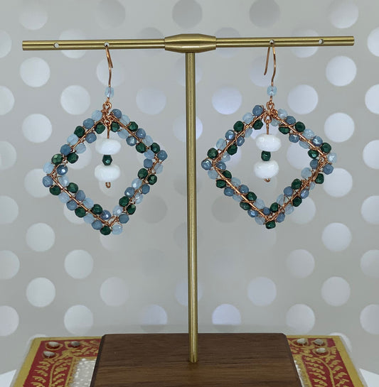 Green long Chandelier copper chalcedony Blue White gemstone Earrings