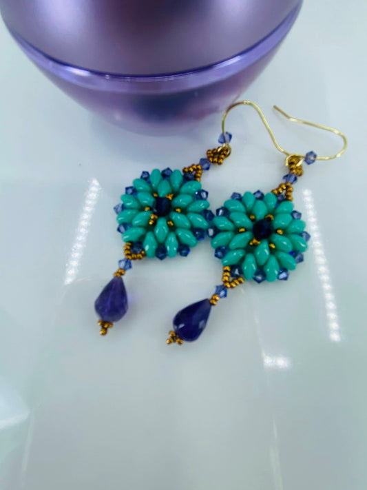 Semiprecious Purple long Gold Filled Gold gemstone Earrings dangle Crystal Blue Amethyst