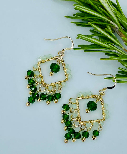 medium  Green  Gold Filled  Gold  glass  Earrings  Crystal