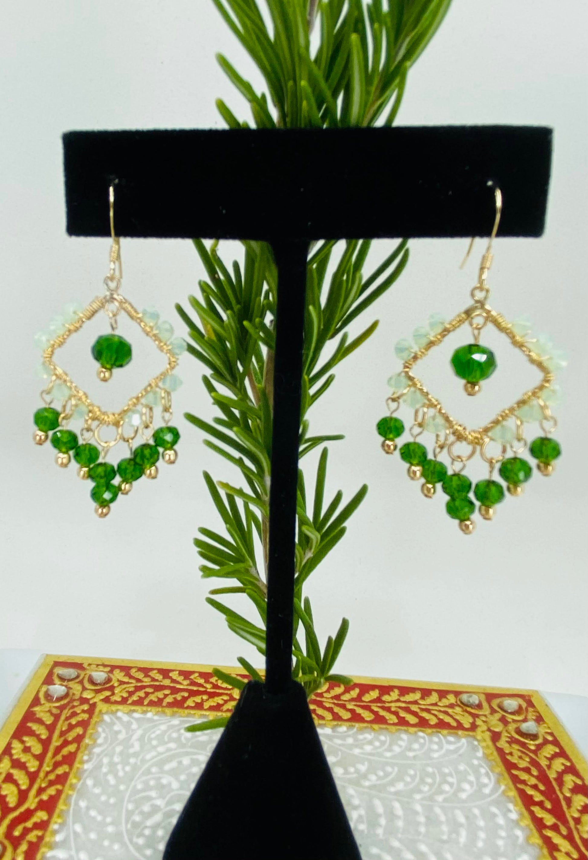 medium  Green  Gold Filled  Gold  glass  Earrings  Crystal