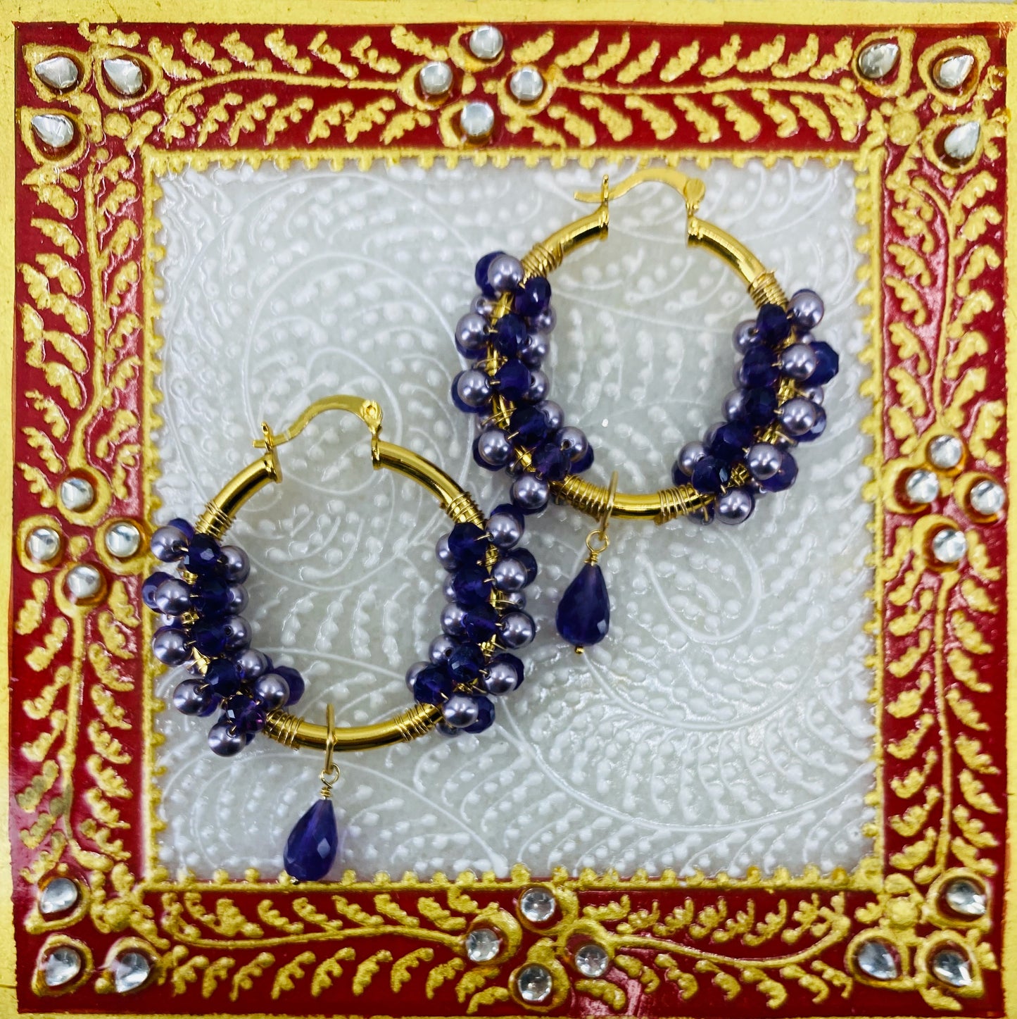 Gold  Vermeil  hoop  statement  fashion  Earrings  Purple  Pearl  Amethyst