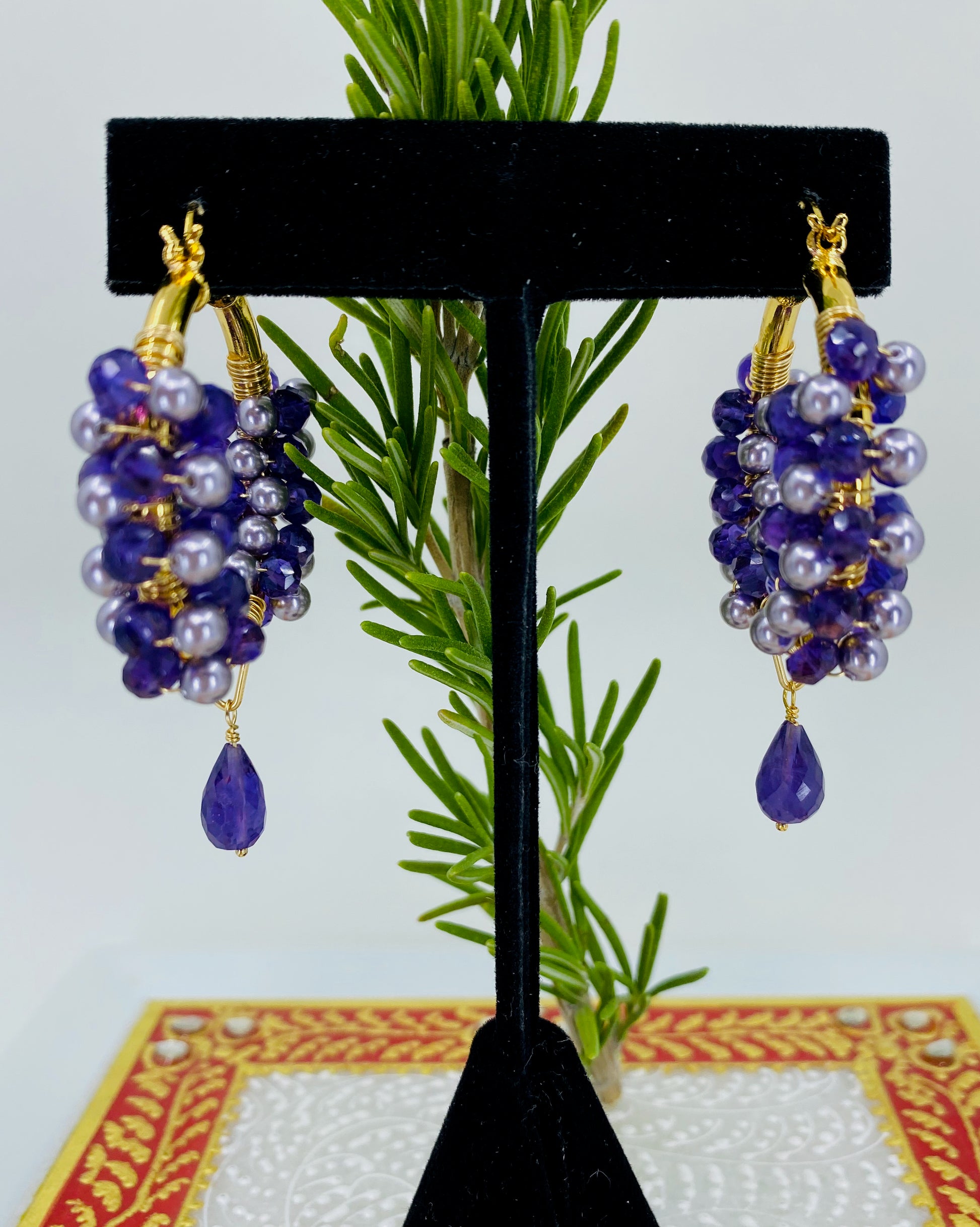 Vermeil  statement  Purple  long  hoop  Gold  gemstone  fashion  Earrings  Amethyst