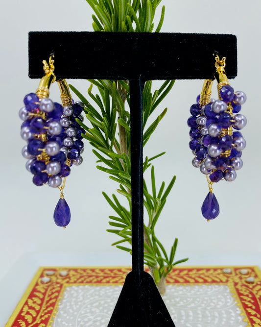 Vermeil statement Purple long hoop Gold gemstone fashion Earrings Amethyst