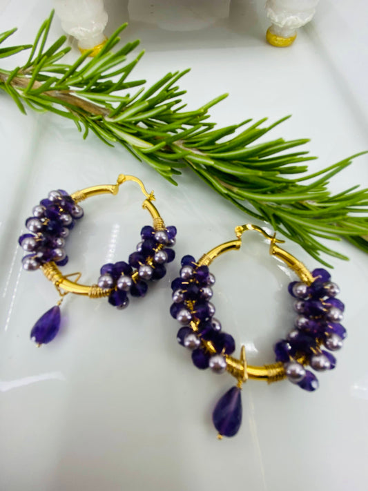 Vermeil statement Purple long hoop Gold gemstone fashion Earrings Amethyst