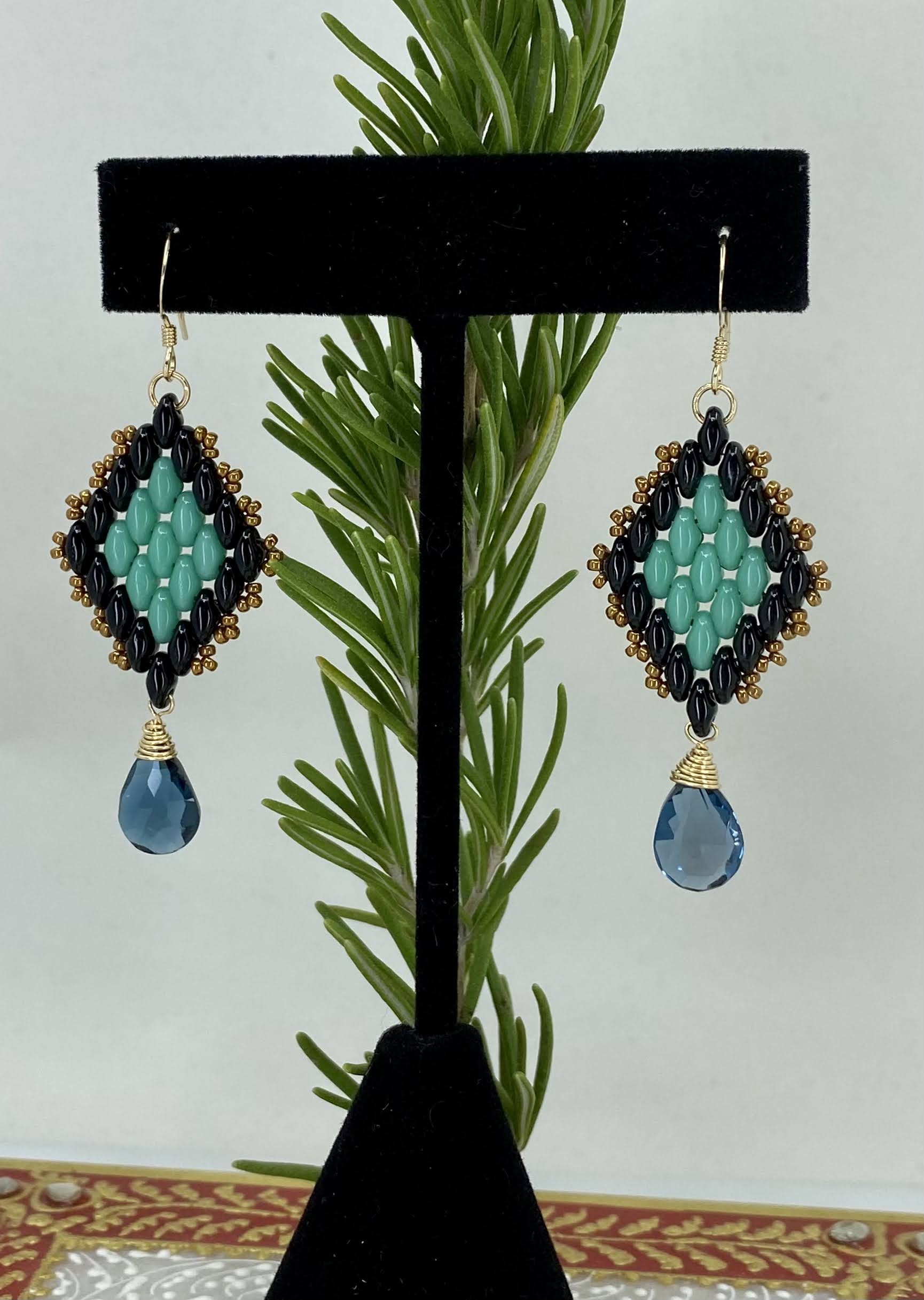 Topaz  Superduo  long  London Blue Topaz  Gold Filled  Gold  glass  gemstone  Earrings  dangle  Blue  Black