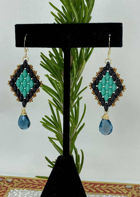 Topaz Superduo long London Blue Topaz Gold Filled Gold glass gemstone Earrings dangle Blue Black