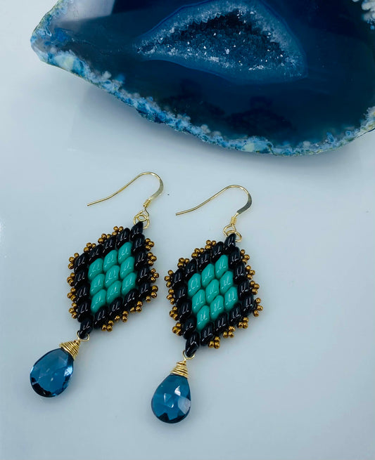 Topaz Superduo long London Blue Topaz Gold Filled Gold glass gemstone Earrings dangle Blue Black