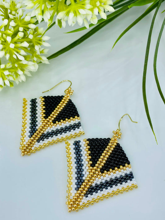 Gold Black White Miyuki Kite Earrings