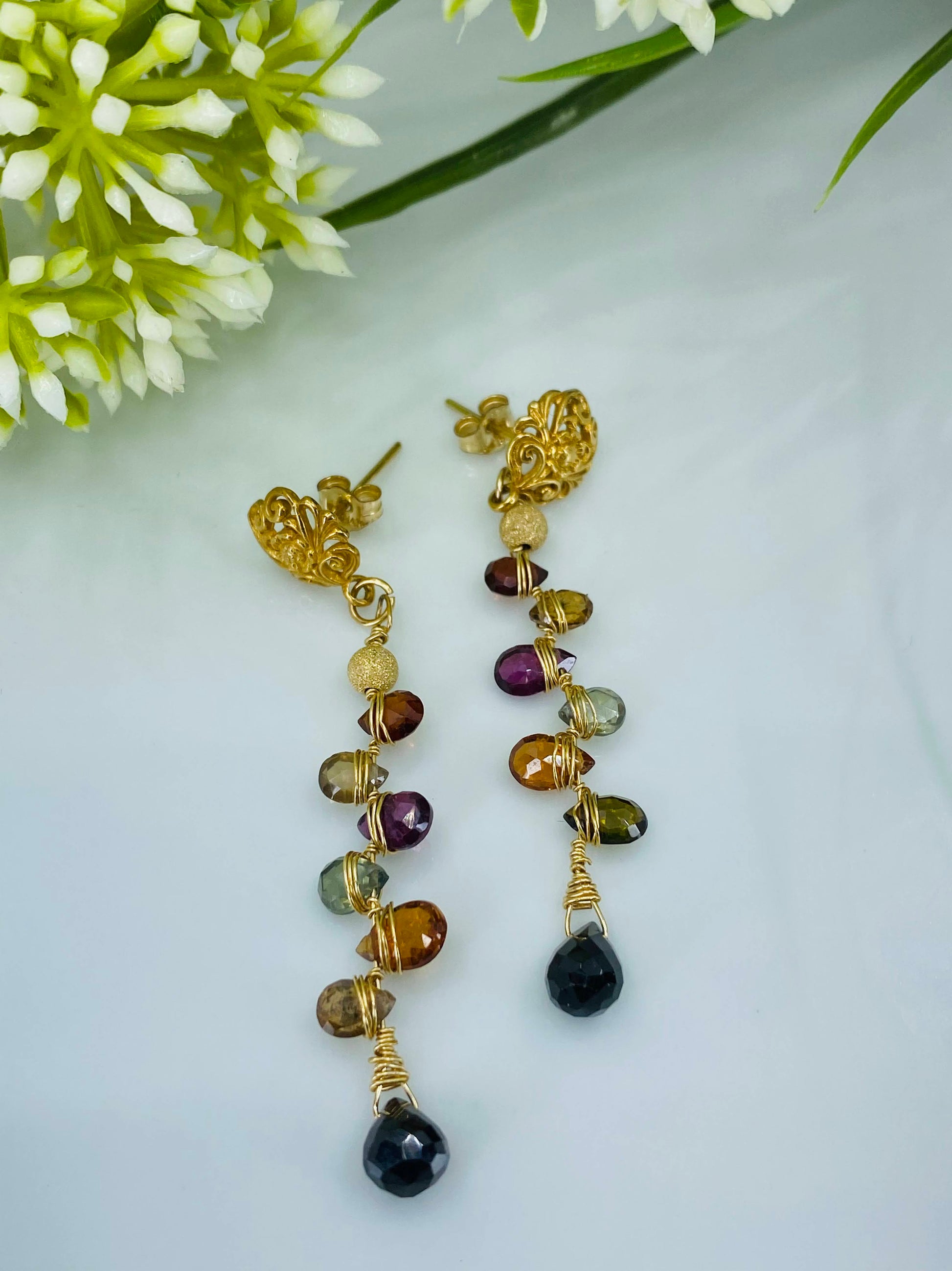 Vermeil  sapphire  multicolored  medium  Gold  gemstone  Earrings  dangle  Black