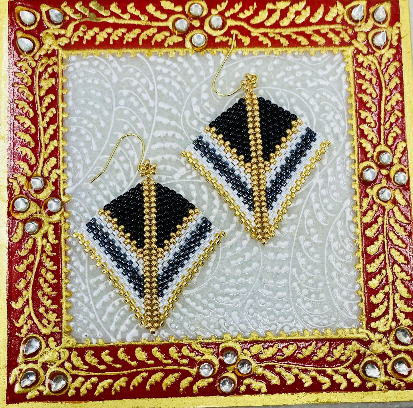 Gold Black White Miyuki Kite Earrings