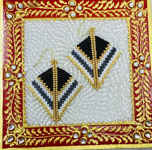 Gold Black White Miyuki Kite Earrings