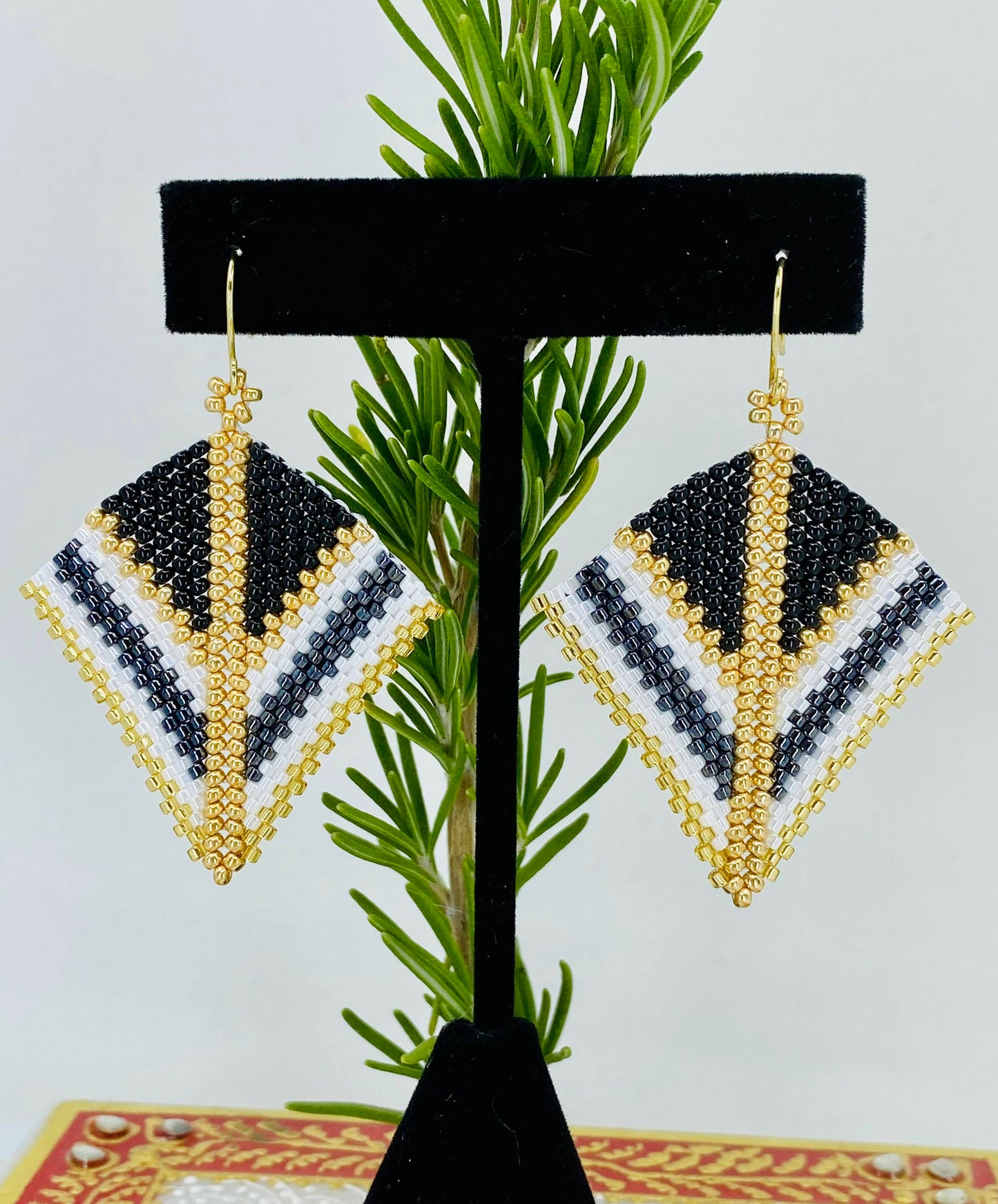 Gold Black White Miyuki Kite Earrings