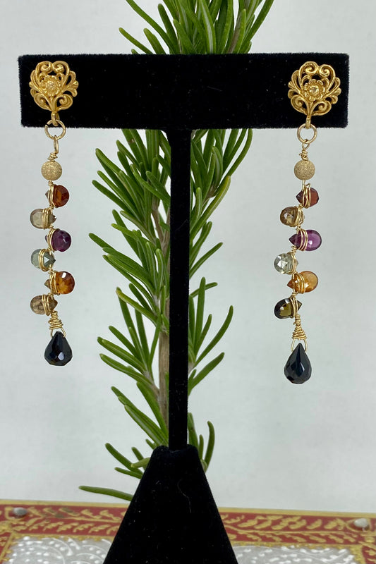 Vermeil sapphire multicolored medium Gold gemstone Earrings dangle Black