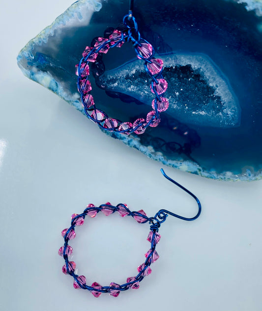 plated Pink medium hoop Earrings Crystal Blue