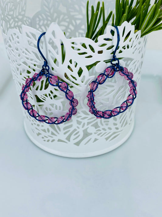 plated Pink medium hoop Earrings Crystal Blue