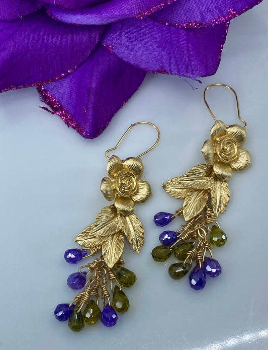 modern fashion trendy cubic zirconium Earrings olive Green Purple Gold