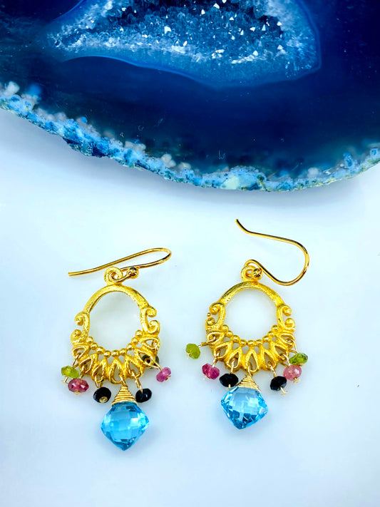 Multi-colored Tourmaline Swiss Blue Topaz Vermeil Earring saVermeil Tourmaline Swiss Blue Topaz short multicolored gemstone Earrings Chandelier Blue