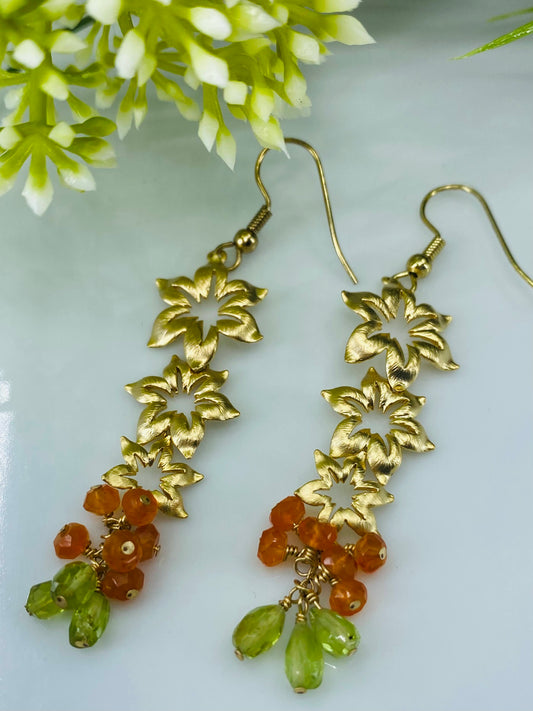 plated peridot modern long Gold gemstone fashion Earrings dangle chic carnelian Brass