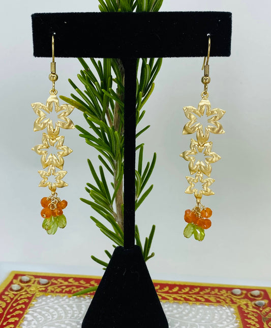 plated peridot modern long Gold gemstone fashion Earrings dangle chic carnelian Brass