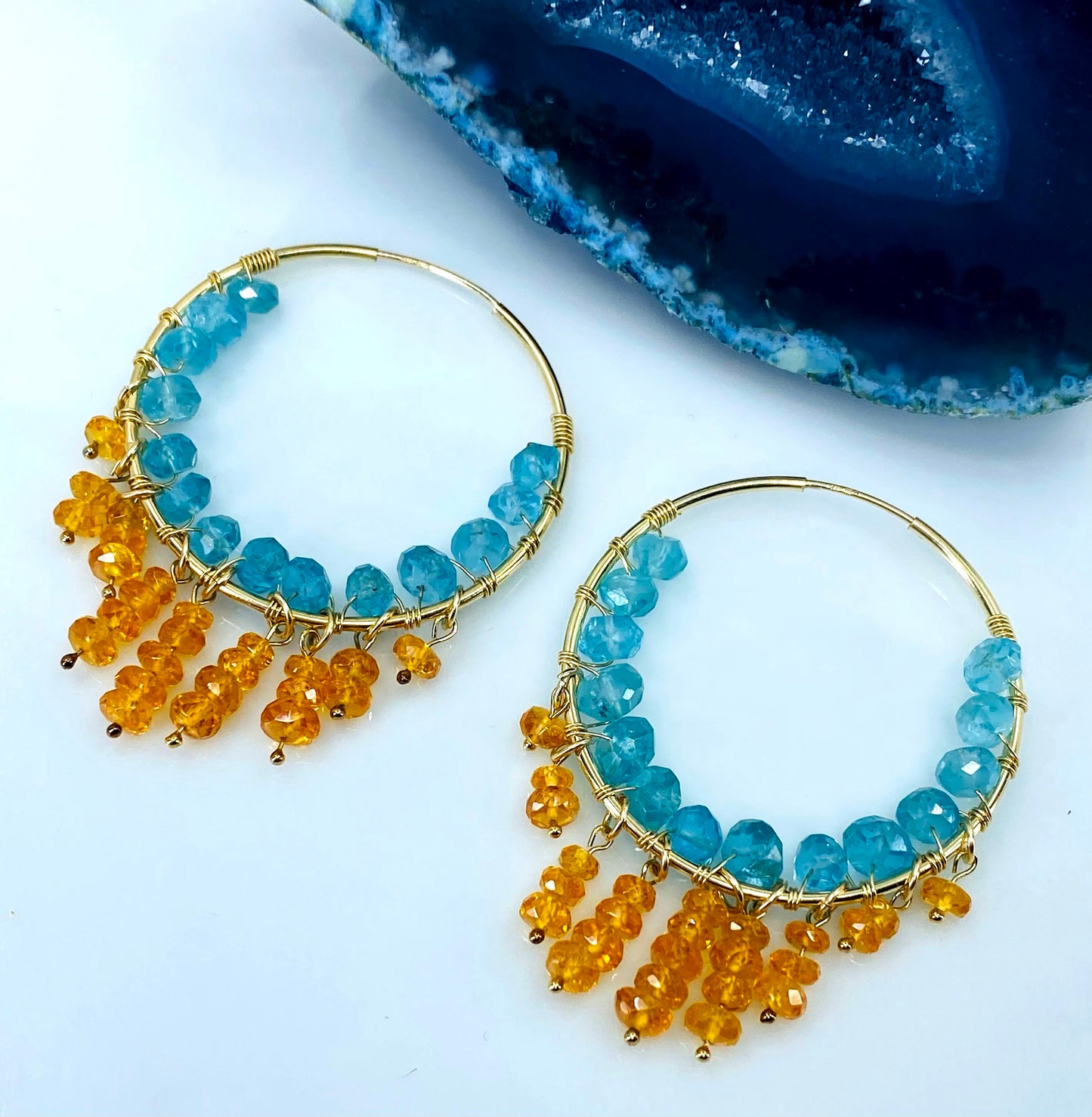 Topaz  Semiprecious  Orange  medium  Imperial Topaz  Gold Filled  Gold  gemstone  Earrings  Chandelier  Blue Apatite  Blue  Apatite