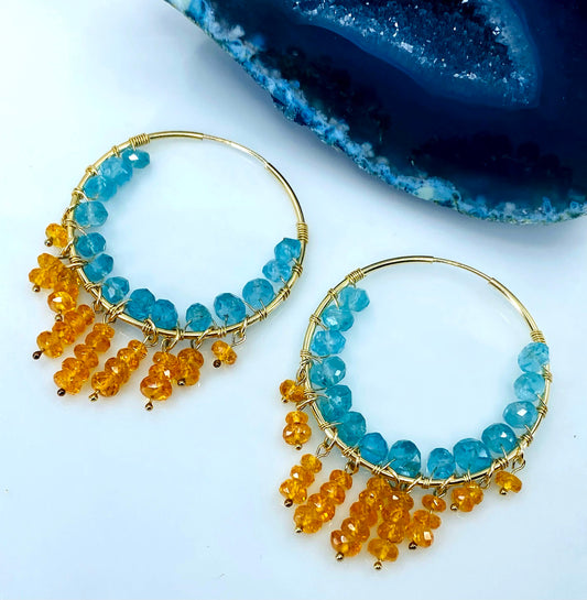 Topaz Semiprecious Orange medium Imperial Topaz Gold Filled Gold gemstone Earrings Chandelier Blue Apatite Blue Apatite