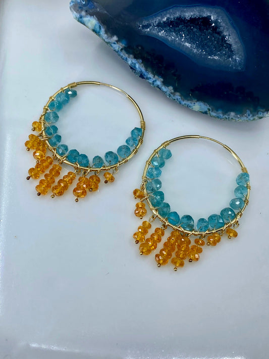 Topaz Semiprecious Orange medium Imperial Topaz Gold Filled Gold gemstone Earrings Chandelier Blue Apatite Blue Apatite