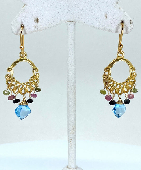 Vermeil  Tourmaline  Swiss Blue Topaz  short  multicolored  gemstone  Earrings  Chandelier  Blue