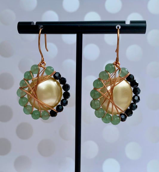 trendy  medium  Green  glass  gemstone  fashion  Earrings  dangle  cream  copper  Black Spinel  Black  aventurine