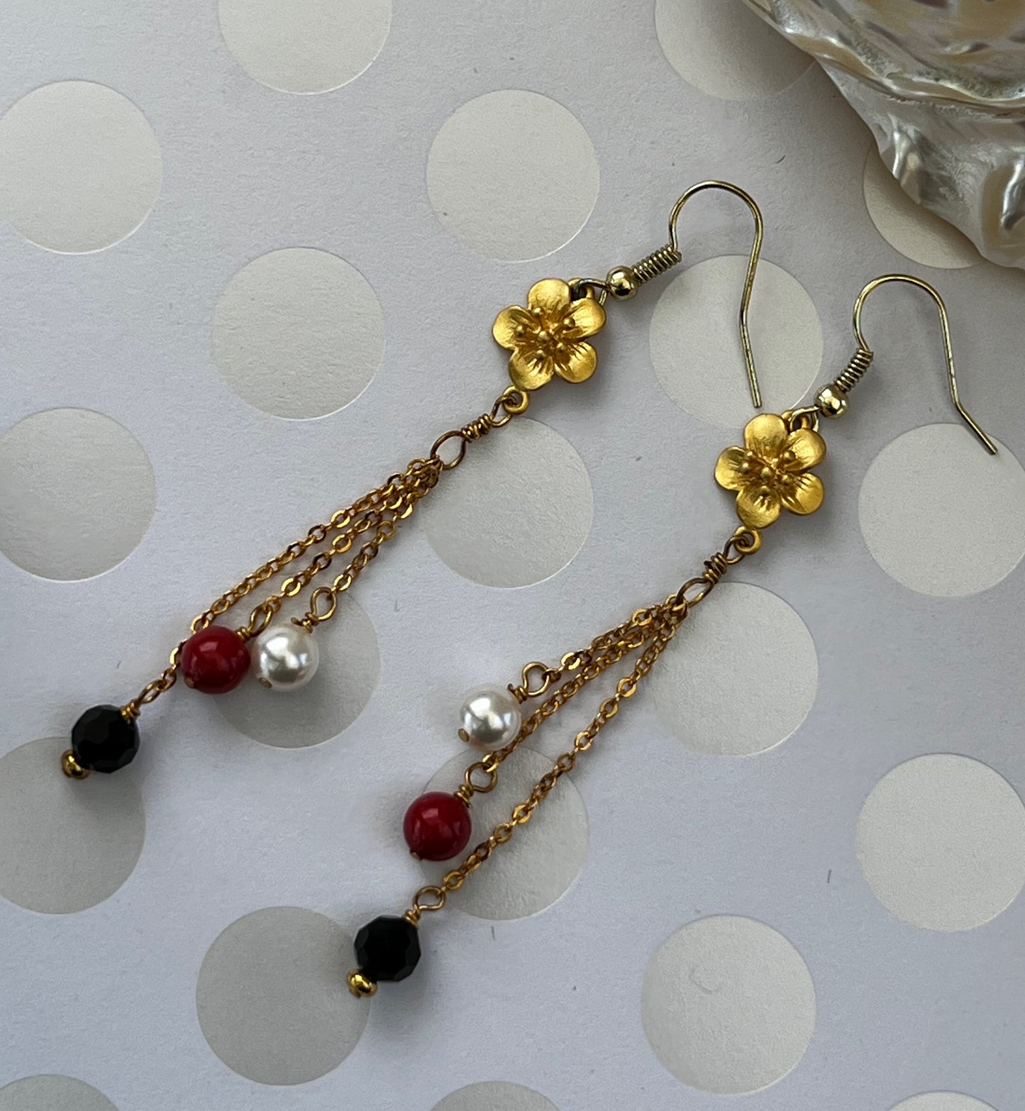 gemstone  Earrings  chic  modern  Coral  Black Spinel  Pearl  Gold