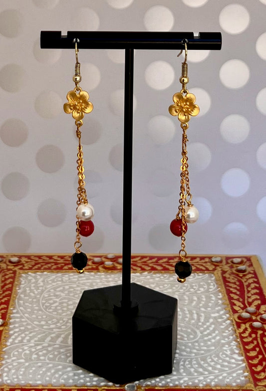 gemstone Earrings chic modern Coral Black Spinel Pearl Gold