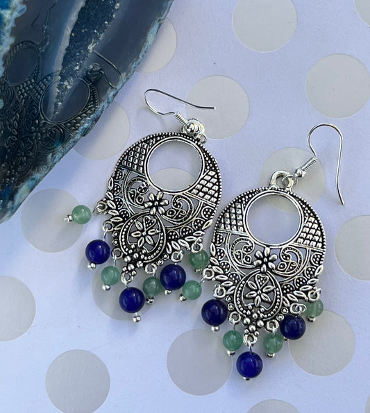 Green aventurine Silver quartz plated long gemstone Earrings Chandelier Blue